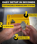 Close-up of hands assembling Ultra Handy Woodworking Starter Kit With Featherboard, yellow base, and magnetic clamps.