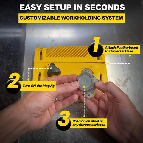 Close-up of hands assembling Ultra Handy Woodworking Starter Kit With Featherboard, yellow base, and magnetic clamps.