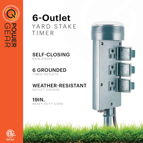 Rad 6 Outlet Outdoor Mechanical Stake Timer with 6 grounded outlets, weather-resistant covers, and 19-inch heavy-duty cord.