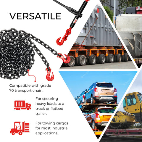 Beefed Up 6600 Lbs WLL Ratchet Chain Binders For 5/16 And 3/8 Grade 70 Chains Two Pack With 26000 Lbs Break Strength shown with vehicles
