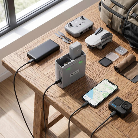Portable Smart Dual Battery Charger Hub For Drones charging two batteries and powering devices on a wooden table setup.