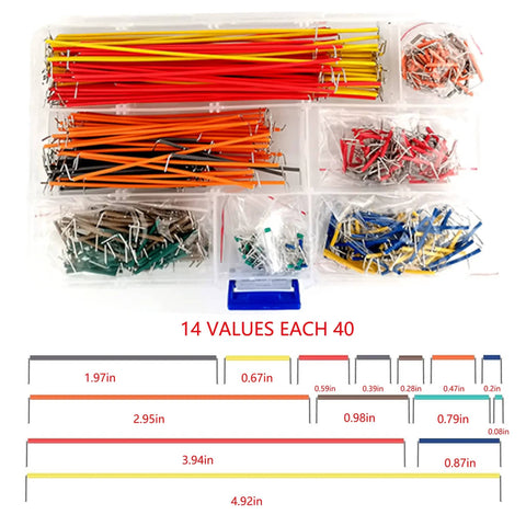 U Shape Breadboard Jumper Wires Kit With 560 Pieces Featuring 14 Length Options From 2mm To 125mm, colorful wires displayed.