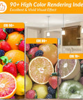 Dimmable Vintage LED Edison Bulbs 8W Filament, showcasing CRI90 Plus fruit color rendering comparison with kitchen lights.