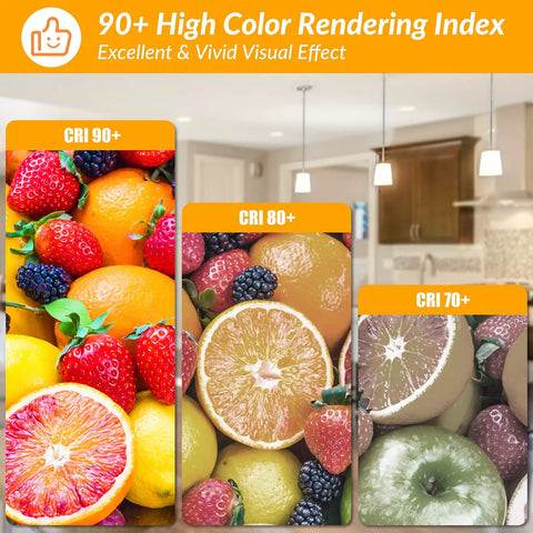 Dimmable Vintage LED Edison Bulbs 8W Filament, showcasing CRI90 Plus fruit color rendering comparison with kitchen lights.