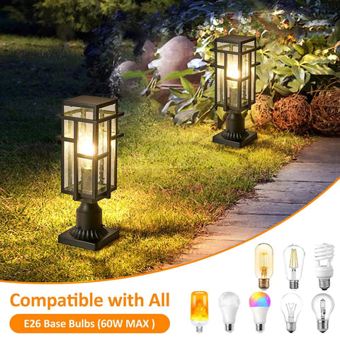 Outdoor Dusk To Dawn Post Light Set In Matte Black With Clear Glass Panels illuminating garden path at night