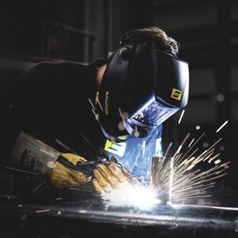 Savage A40 Black Auto Darkening Welding Helmet Pro Grade With External Shade Adjustment used by welder creating sparks