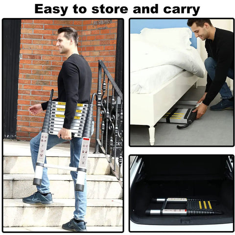 Man carrying Telescopic Ladder 12.5ft Aluminum Telescoping Ladder with Non Slip Feet and Stable Hook for household storage