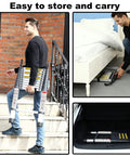 Man carrying 12.5 Foot Aluminum Telescoping Ladder With Non Slip Feet And Stable Hook Portable Extension Ladder for easy storage under bed