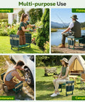 Collage of the 2In1 Garden Kneeler And Seat With Tool Bag, used in gardening, fishing, maintenance, and camping activities.
