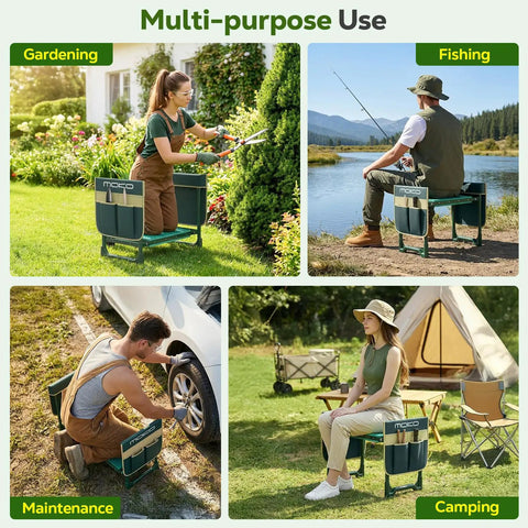 Collage of the 2In1 Garden Kneeler And Seat With Tool Bag, used in gardening, fishing, maintenance, and camping activities.