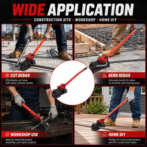 Heavy Duty 2 In 1 Manual Rebar Bender And Cutter Tool Engineered For Precision Leverage Design To Slice And Shape Up To 5/8 Inch Steel Rods With Ease in use on construction site.