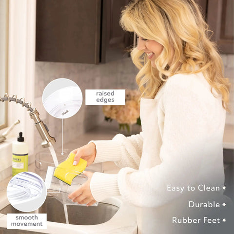 Clear Acrylic Lazy Susan Turntable With Four Removable Sections And Easy Grip Handles Smooth 360 Rotation For Kitchen Fridge And Cabinet Zero Stress Storage That Keeps Your Pantry Spice Stash And Cosmetics Looking Sharp Daily being cleaned in a sink.