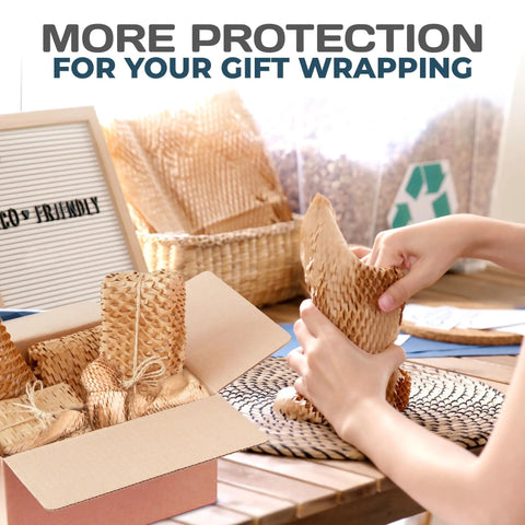 HexaFil Honeycomb Packing Paper Eco Friendly Dispenser Box Cushioning Material for wrapping gifts, shown in use.