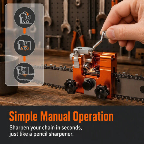 No Sweat Manual Chainsaw Sharpener Kit Featuring Seven Precision Grinding Stones And A Foolproof Guide For Four To Twenty Two Inch Chains showing a hand-operated manual sharpener in use.