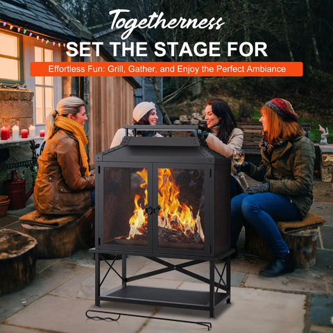 Three people enjoying warmth around Metal Outdoor Fireplace For Patio And Backyard 39 Inch Square Chiminea Fire Pit with grill mesh.