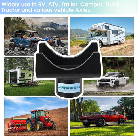 Axle Saddle Lifting Adapter Fits 2 Inch 3 Inch And 4 Inch Round And 2 Inch Square Axle Tubes With 1.5 Inch Lifting Platform Heavy Duty RV Trailer Garage Farm Use DIY Ready in use with various vehicles.