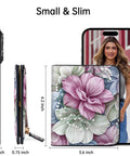 Slim Floral RFID Wallet For Women, Vegan Leather Bifold With Zipper Coin Pocket And ID Window beside smartphone showing size comparison