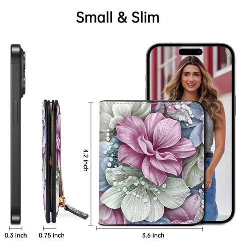 Slim Floral RFID Wallet For Women, Vegan Leather Bifold With Zipper Coin Pocket And ID Window beside smartphone showing size comparison
