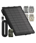 Solar Panel Kit For Trail Cams With 6000mAh Battery And 12V Output, IP66 Waterproof, shown with cords and trail cams