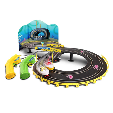 Eight Feet Of Track SpongeBob Hot Rod Boat Slot Car Race Set with two controllers and Bikini Bottom backdrop