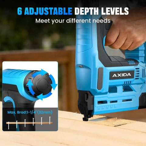 Pro Grade 18 Gauge Cordless Brad Nailer 21V With Twin 20Ah Lithium Batteries Rapid Charger, adjustable depth settings visible.