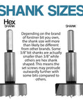 Forstner bit extension shanks: two shanks shown, hex left and round right; heavy-duty steel.