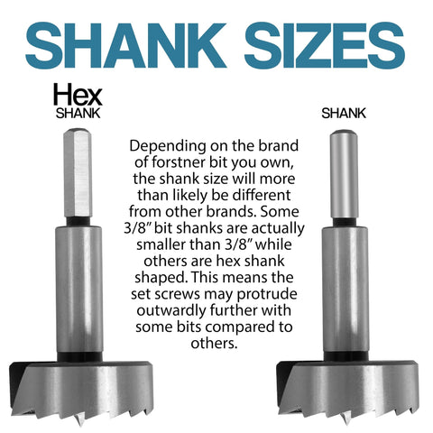 Forstner bit extension shanks: two shanks shown, hex left and round right; heavy-duty steel.