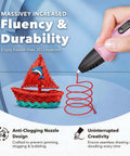 Pink 3D Printing Pen Kit in use with ceramic nozzle creating red 3D art, showing features like adjustable temperature and stepless speed.