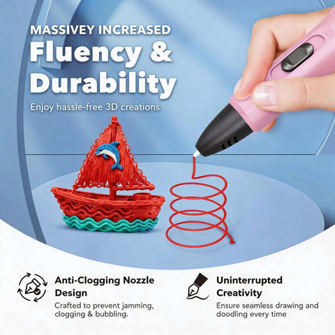 Pink 3D Printing Pen Kit in use with ceramic nozzle creating red 3D art, showing features like adjustable temperature and stepless speed.