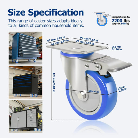 Heavy Duty Four Inch Caster Wheels With Locking Brakes Built Tough handles 2200 pounds, featuring size and specifications graphic.