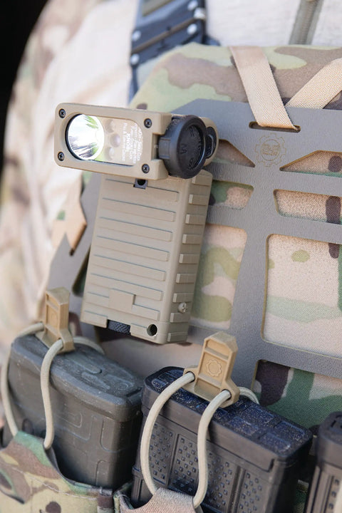 Sidewinder 55 Lumen LED Military Flashlight mounted on camouflage MOLLE gear with battery pack visible.