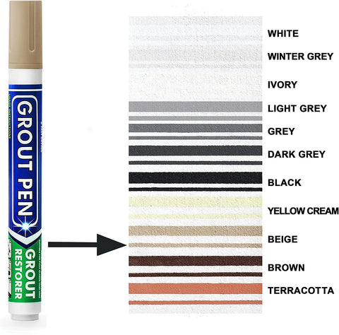 Beige Tile Grout Pen For Waterproof Grout Paint And Sealer Colorant With Narrow 5mm Tip 7mL Makes Grout Look Brand New In Bathrooms And Kitchens Without Scrubbing shown with color swatches.