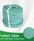 Beefy Half Inch Nylon Braided Rope 150 Feet Heavy Duty Polyester Cord For Outdoor Tree Work All Weather Utility Line In Green White Blue With 6180 Pound Load Capacity