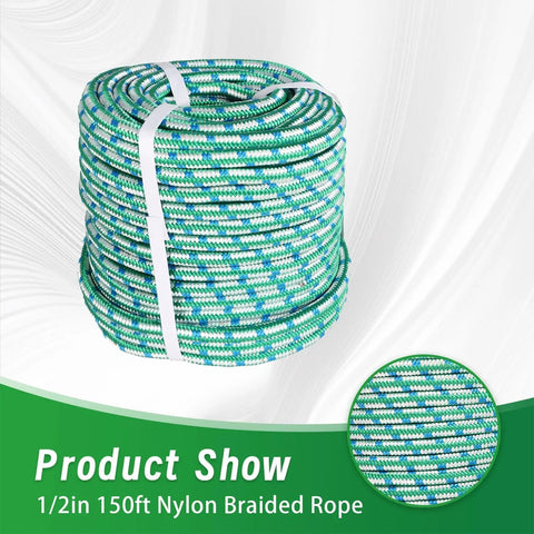 Beefy Half Inch Nylon Braided Rope 150 Feet Heavy Duty Polyester Cord For Outdoor Tree Work All Weather Utility Line In Green White Blue With 6180 Pound Load Capacity