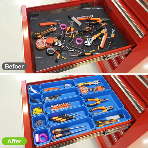 42 Pack Tool Box Organizer Tray Dividers for Rolling Chest Cabinet and Workbench Storage Keeps Hardware Screws Nuts and Small Tools Neat and Tidy with Easy Drawer Organization Blue in use, showing organized and cluttered drawer comparison.