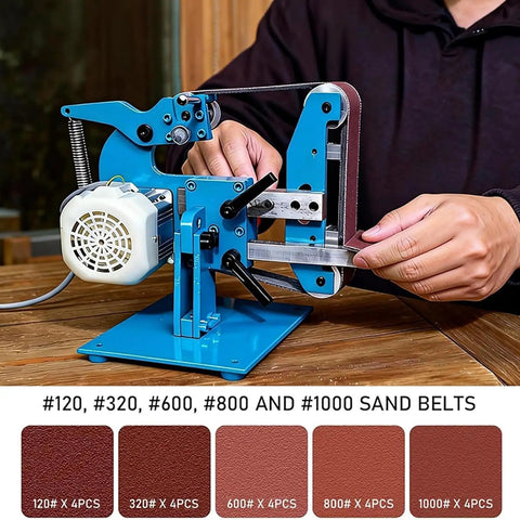 Heavy Duty Vertical Horizontal Belt Grinder Sander With Dual Mode Usage, blue frame, adjustable for various sand belts.