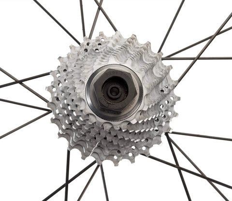 Close-up of bike wheel with Bottom Bracket And Lockring Tool For Campagnolo Cassettes BBT 5 And FR 11 Pro Grade Tool.