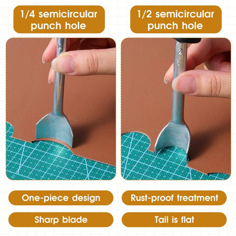 Using 15 Piece Leather Corner Punch Set With Double Sided Rubber Hammer Half Round Punches on leather sheet for DIY projects