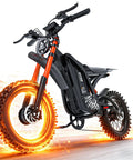 All Terrain Electric Dirt Bike For Adults And Teens With 4500W Peak Motor, 40 MPH Top Speed, full view on a trail with glowing wheels