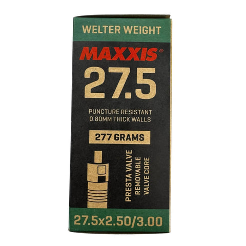 Box of Welter Weight 27.5 inch bicycle inner tube with 36mm Presta valve and removable core, fits 27.5 x 2.5 to 3.0 inch tires