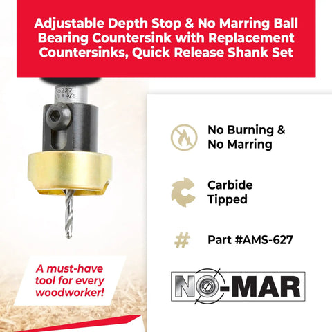 Carbide Tipped Countersink Drill Bit Set 3 Piece With Ball Bearing And Replacements AMS 627 with depth stop feature.