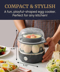 Egg Cooker That Boils Up To 14 Eggs At Once With Two Tier Design, displayed on a kitchen counter with food, black model
