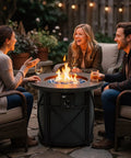 3 people enjoying 2-In-1 50,000 BTU Propane Fire Pit Table, 30 Inch Round Outdoor Fire Pit For Backyard Patio, with drinks and fire.