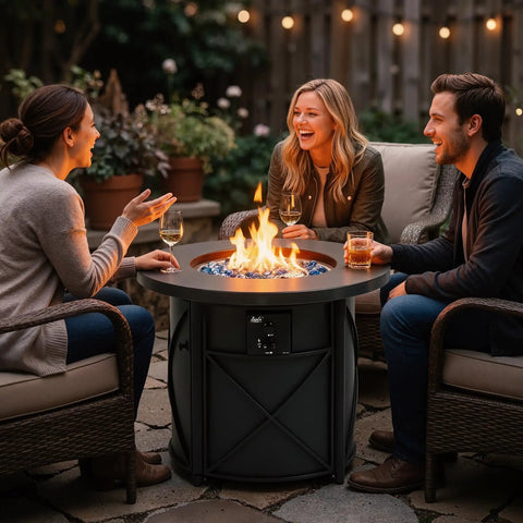 3 people enjoying 2-In-1 50,000 BTU Propane Fire Pit Table, 30 Inch Round Outdoor Fire Pit For Backyard Patio, with drinks and fire.