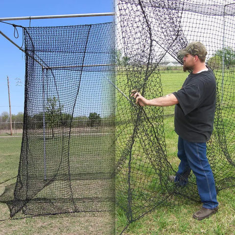 Two views of Backyard Batting Cage Kit With Heavy Vinyl Backstop And Pitcher Training Target, 24 To 30 Foot Net, Easy Entry Door.