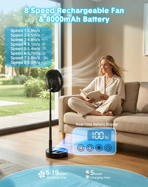 Boss Level All In One Portable Oscillating Fan with Eight Inch Head beside a woman reading on a sofa in a sunny room