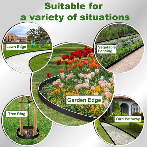3 Inch Garden Edging Border Kit With 50 Feet Of Plastic Edging And 75 Spikes For Easy Landscape Trimming Durable Flexible Lawn Border To Keep Mulch And Soil In Place Quick No Dig Install shown with garden applications