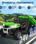 Green 24V Dual Motor 2 Seater Ride On Dump Truck for Big Kids on road, 6 wheels, outdoor setting, side view