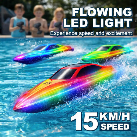 10 Inch Remote Control Boat With 7 Mode LED Lights racing in a pool at 15KMH high speed with kids controlling from the edge.