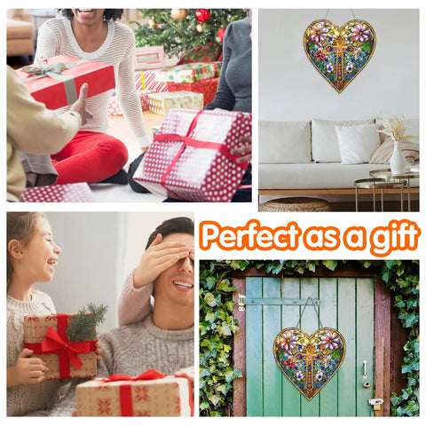 Collage showing Hanging Diamond Art Ornament Dope Heart Shaped Cross Kit for Adults Crystal Sun Catcher Pendant as gift and decor.